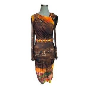 Womens Dress MARIA GRAZIA SEVERI Brown Multicolor Stretch Long Sleeve Midi Dress